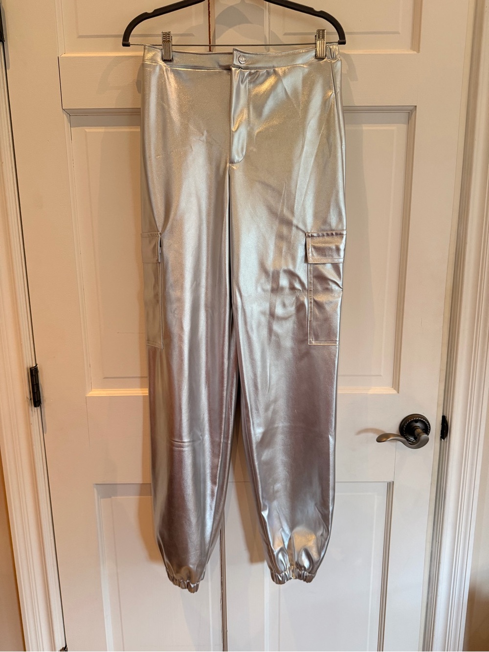 Silver Metallic Cargo Joggers with Elastic Ankles